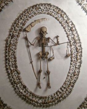 Human bones decorate church crypt.